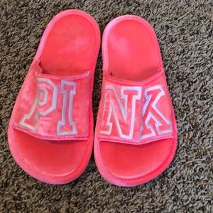 PINK hot pink logo faux velvet slippers